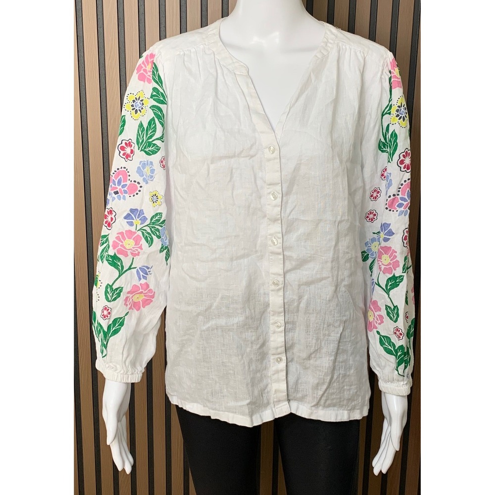 Charter Club Women's Luxury White Linen Floral Embroidered Button Front Top L
